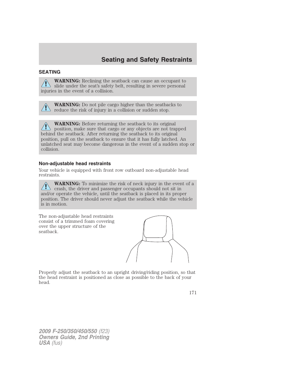 Seating and safety restraints, Seating, Non-adjustable head restraints | FORD 2009 F-550 v.2 User Manual | Page 171 / 419