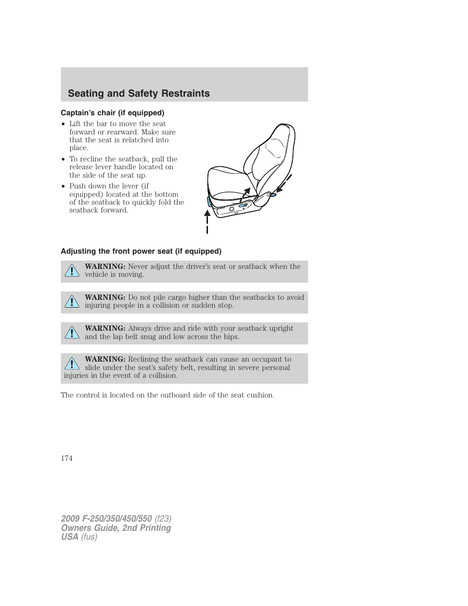 Captain’s chair (if equipped), Adjusting the front power seat (if equipped), Seating and safety restraints | FORD 2009 F-550 v.2 User Manual | Page 174 / 419