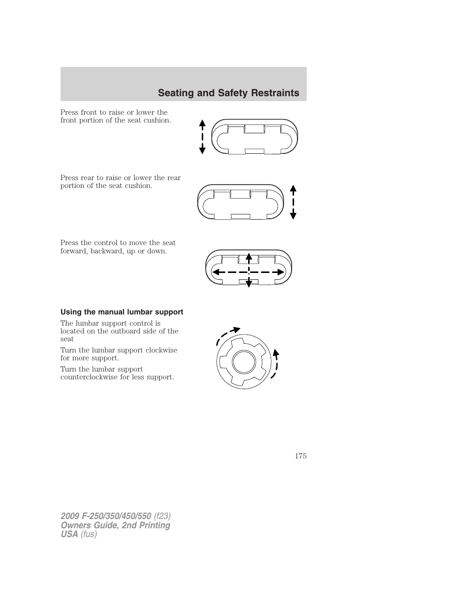 Using the manual lumbar support, Seating and safety restraints | FORD 2009 F-550 v.2 User Manual | Page 175 / 419