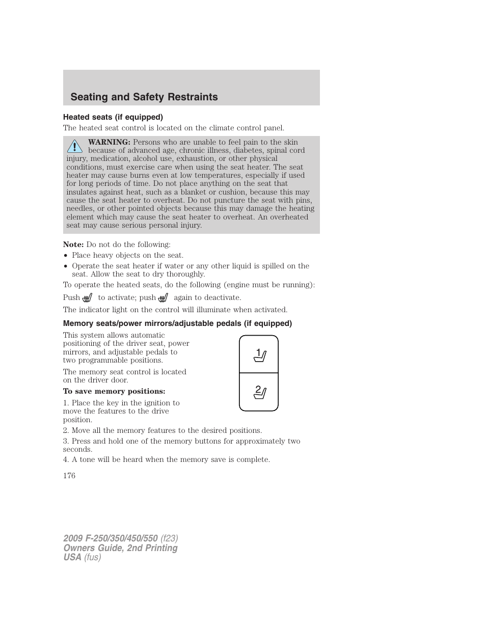 Heated seats (if equipped), Seating and safety restraints | FORD 2009 F-550 v.2 User Manual | Page 176 / 419