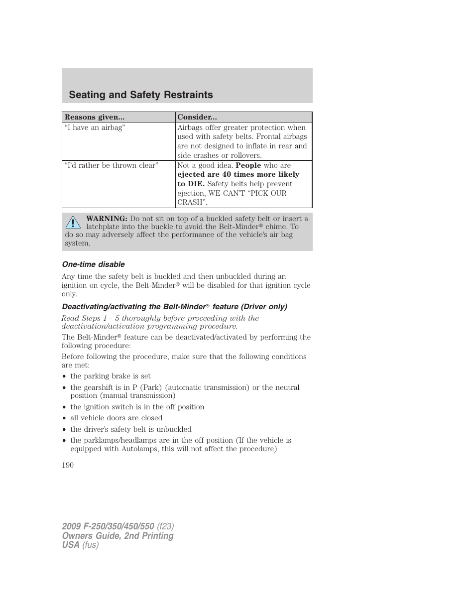 One-time disable, Seating and safety restraints | FORD 2009 F-550 v.2 User Manual | Page 190 / 419
