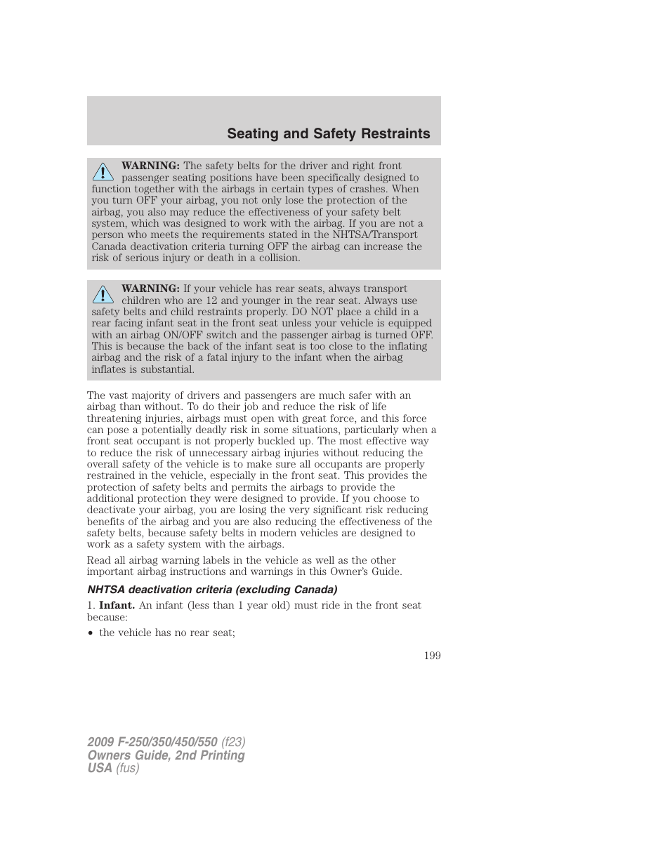 Nhtsa deactivation criteria (excluding canada), Seating and safety restraints | FORD 2009 F-550 v.2 User Manual | Page 199 / 419