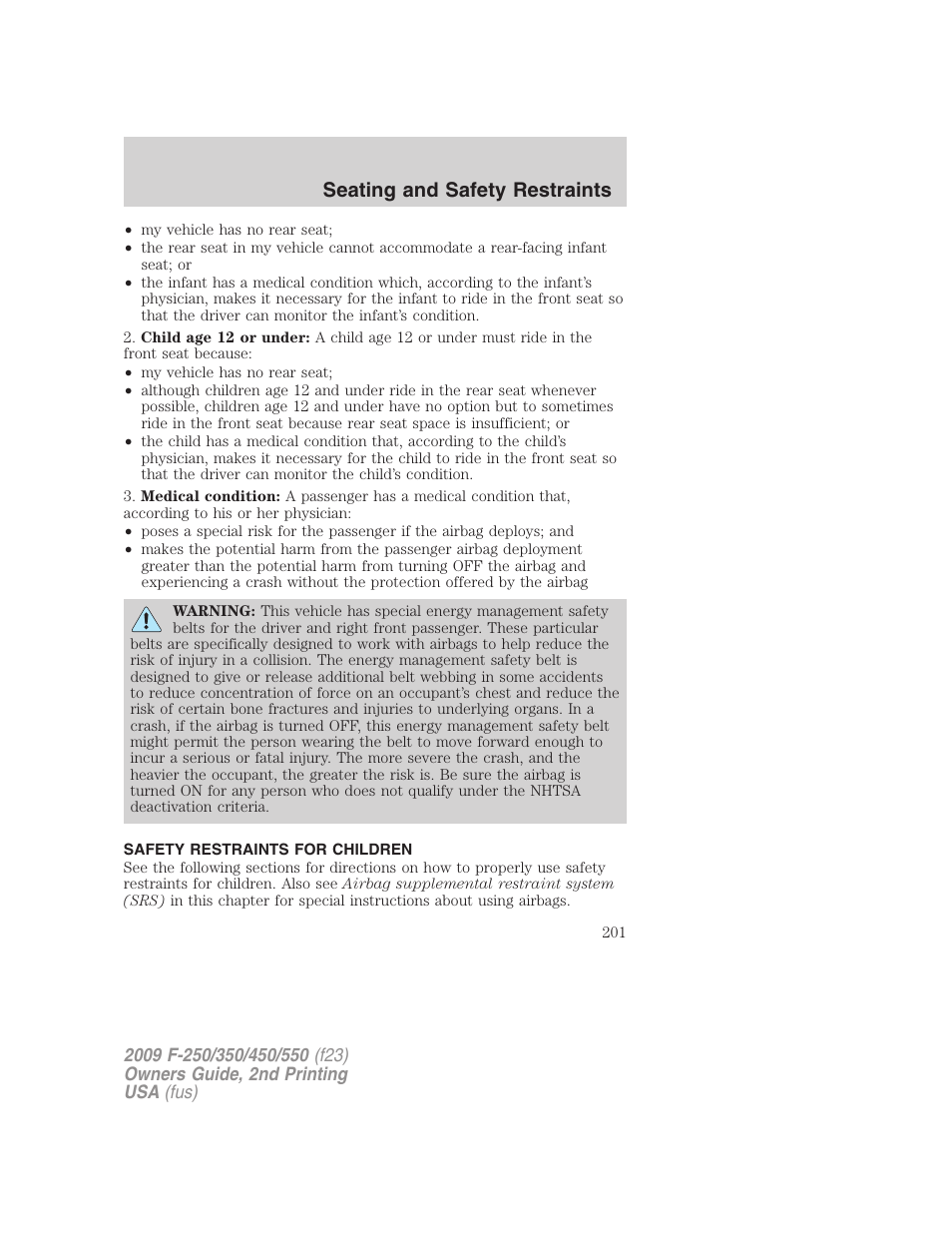 Safety restraints for children, Child restraints, Seating and safety restraints | FORD 2009 F-550 v.2 User Manual | Page 201 / 419