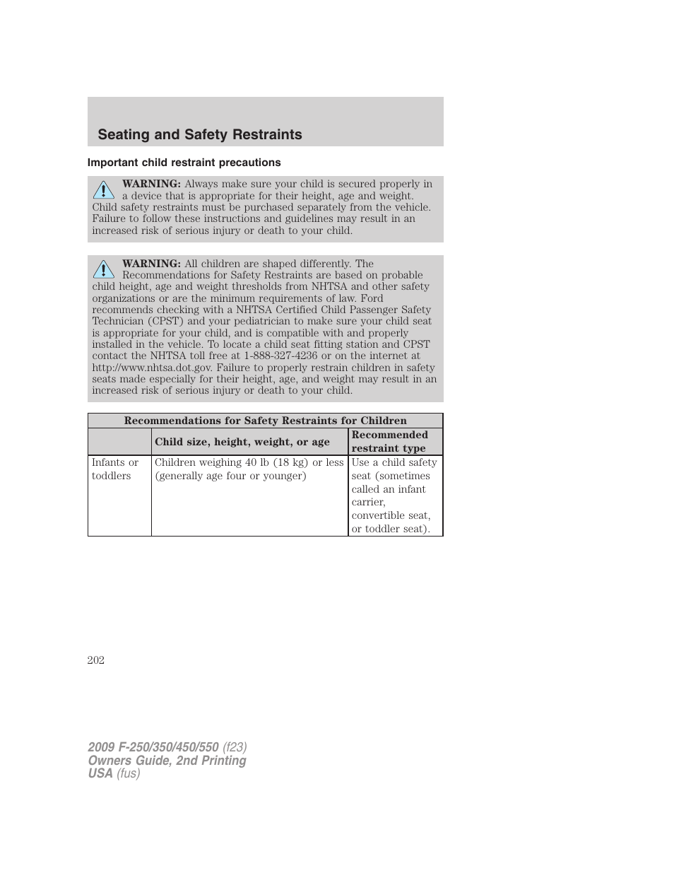 Important child restraint precautions, Seating and safety restraints | FORD 2009 F-550 v.2 User Manual | Page 202 / 419