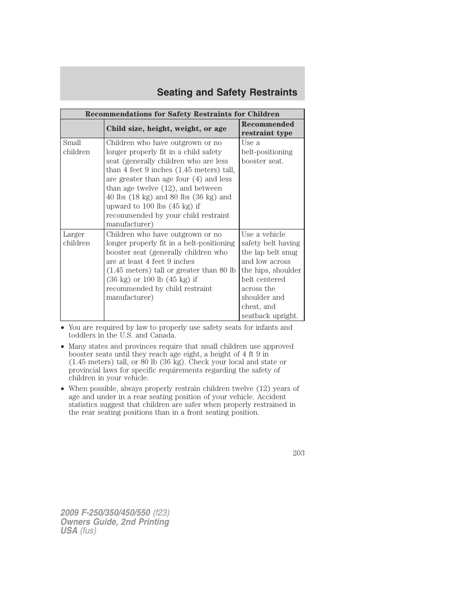 Seating and safety restraints | FORD 2009 F-550 v.2 User Manual | Page 203 / 419