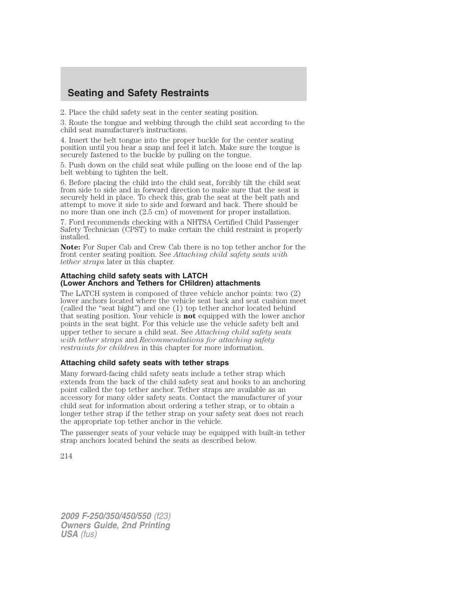 Attaching child safety seats with tether straps, Seating and safety restraints | FORD 2009 F-550 v.2 User Manual | Page 214 / 419