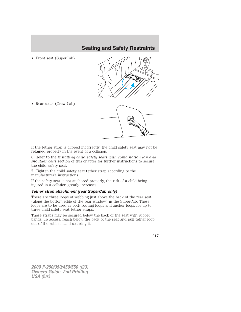 Tether strap attachment (rear supercab only), Seating and safety restraints | FORD 2009 F-550 v.2 User Manual | Page 217 / 419