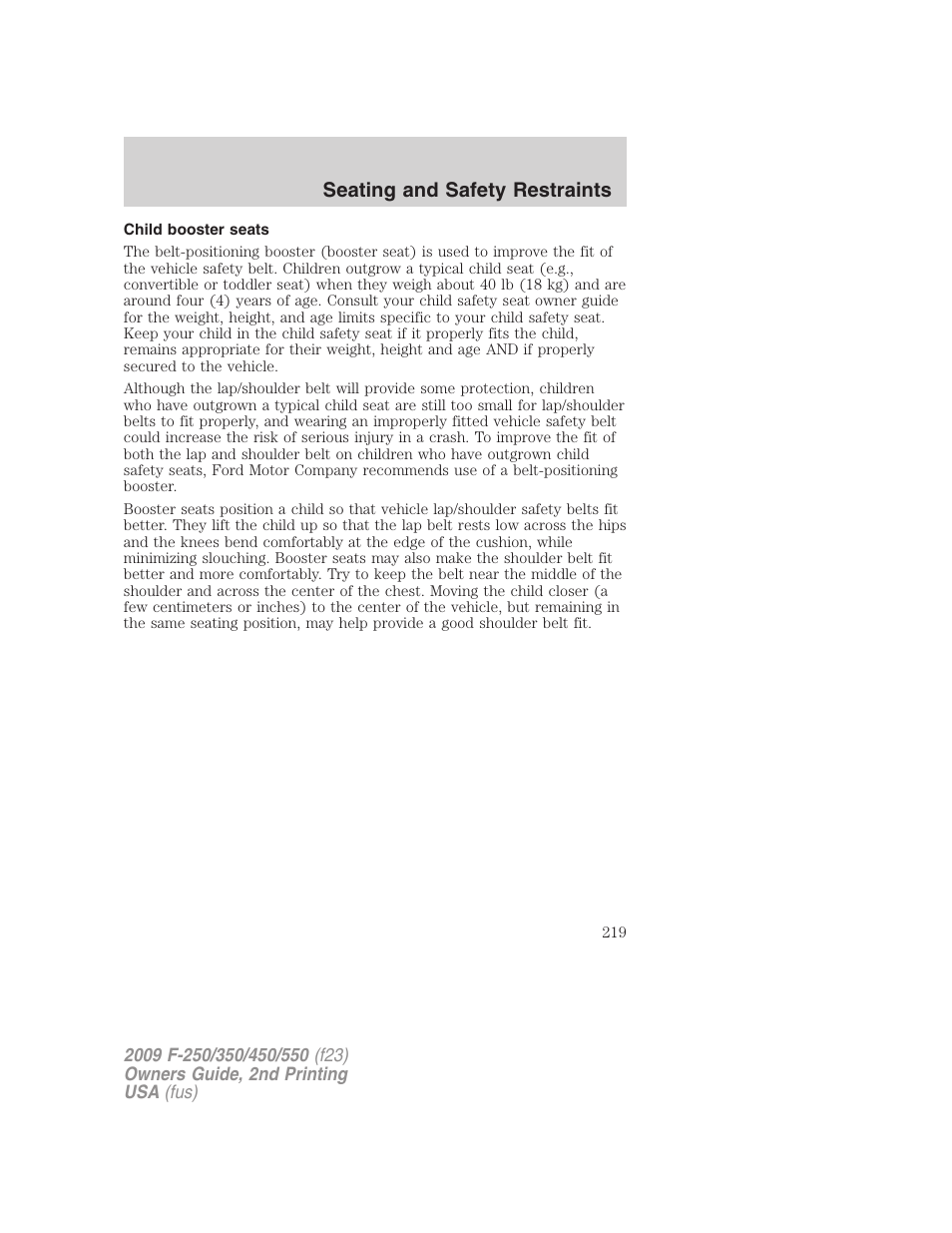 Child booster seats, Seating and safety restraints | FORD 2009 F-550 v.2 User Manual | Page 219 / 419