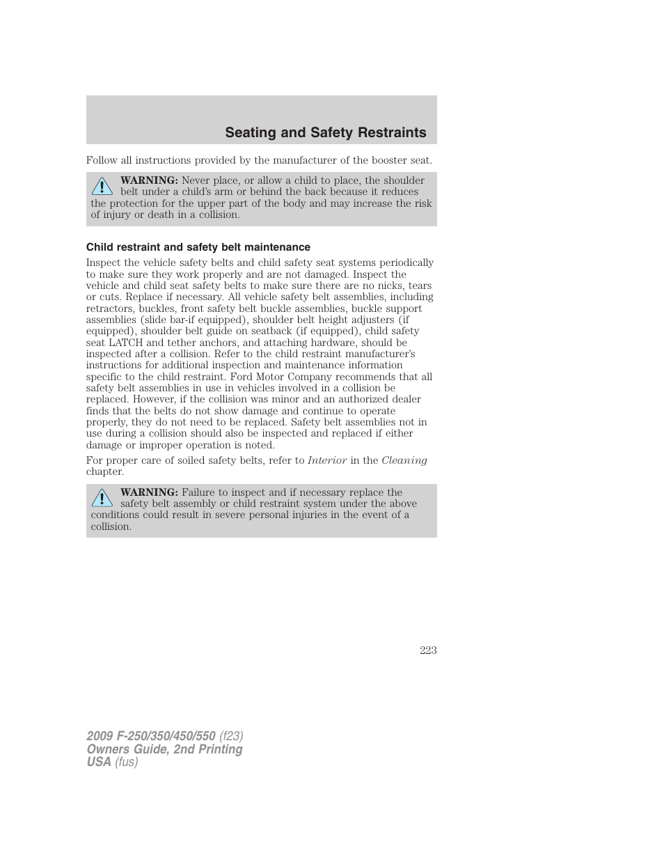 Child restraint and safety belt maintenance, Seating and safety restraints | FORD 2009 F-550 v.2 User Manual | Page 223 / 419