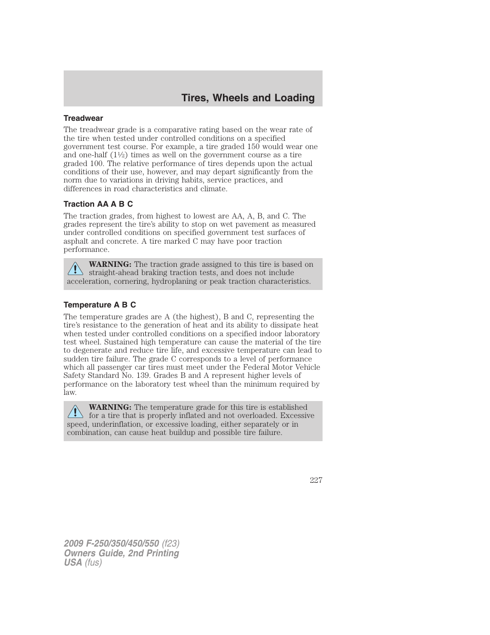 Treadwear, Traction aa a b c, Temperature a b c | Tires, wheels and loading | FORD 2009 F-550 v.2 User Manual | Page 227 / 419