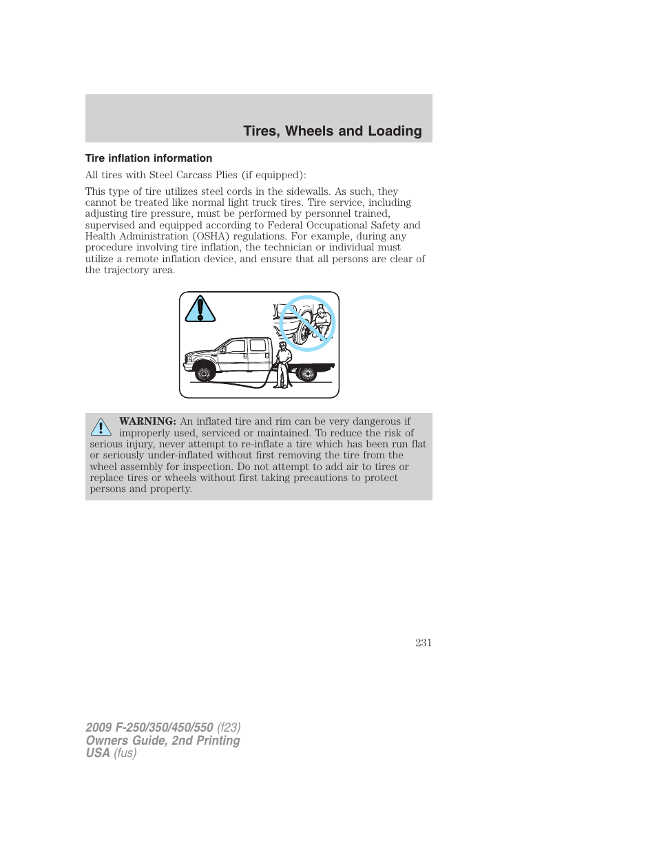 Tire inflation information, Tires, wheels and loading | FORD 2009 F-550 v.2 User Manual | Page 231 / 419