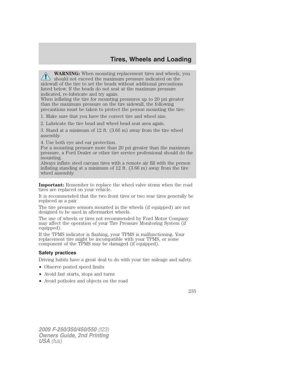 Safety practices, Tires, wheels and loading | FORD 2009 F-550 v.2 User Manual | Page 235 / 419