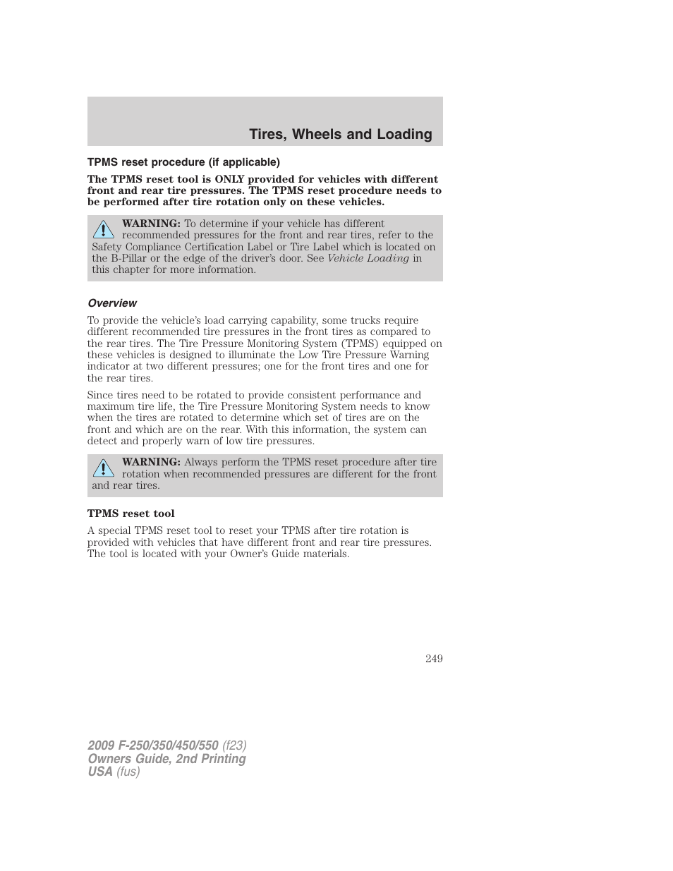 Tpms reset procedure (if applicable), Overview, Tires, wheels and loading | FORD 2009 F-550 v.2 User Manual | Page 249 / 419