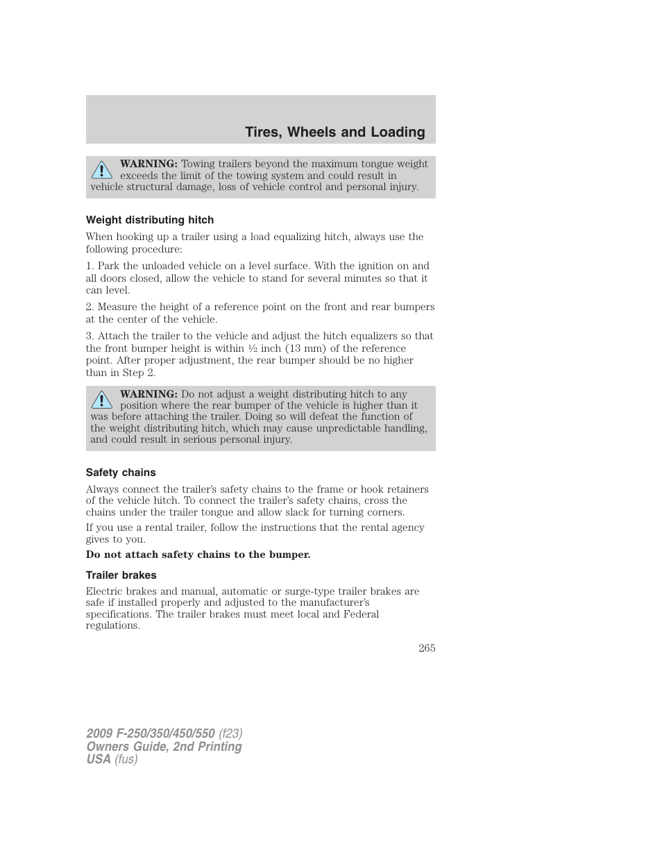 Weight distributing hitch, Safety chains, Trailer brakes | Tires, wheels and loading | FORD 2009 F-550 v.2 User Manual | Page 265 / 419