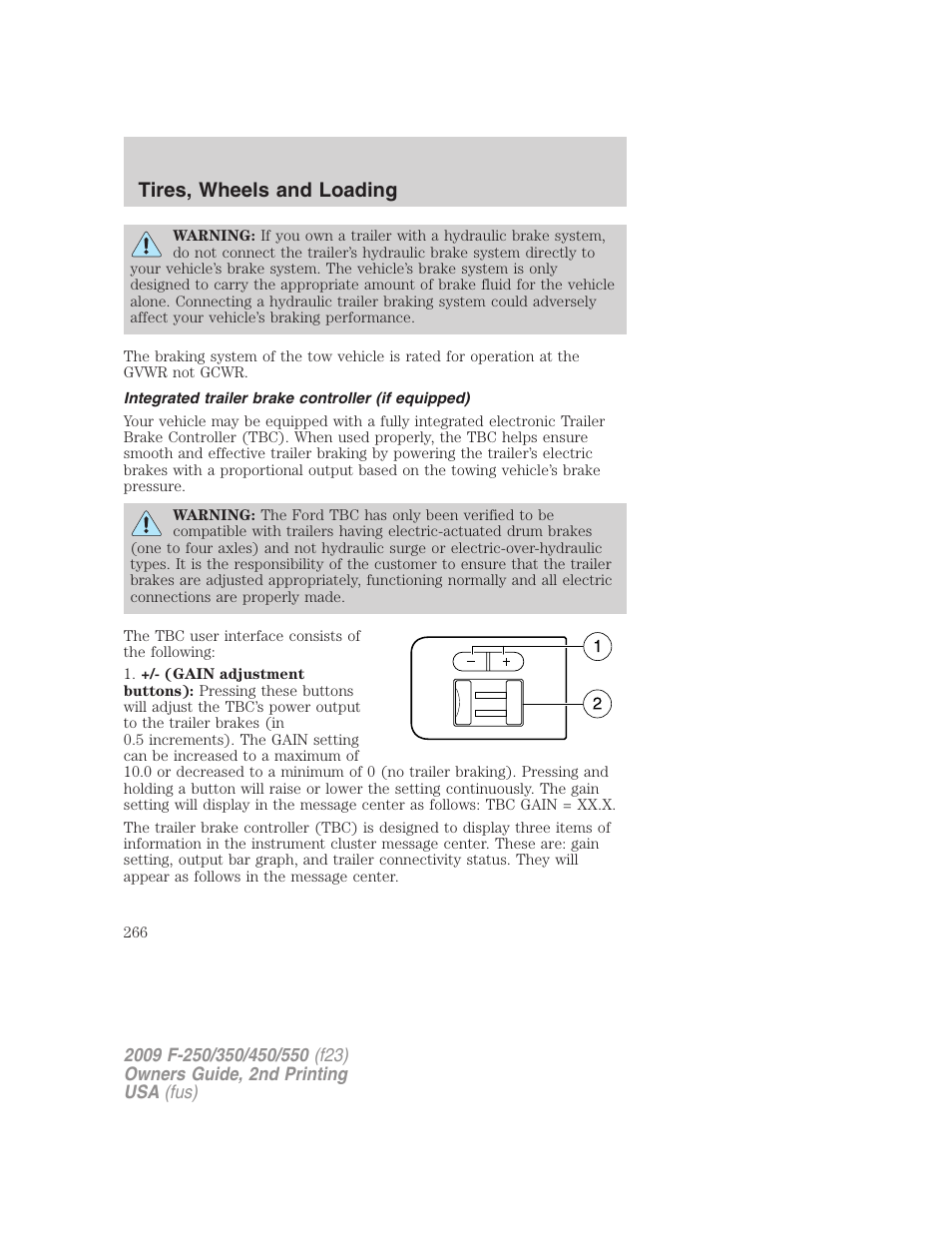 Integrated trailer brake controller (if equipped), Trailer brake controller-integrated, Tires, wheels and loading | FORD 2009 F-550 v.2 User Manual | Page 266 / 419