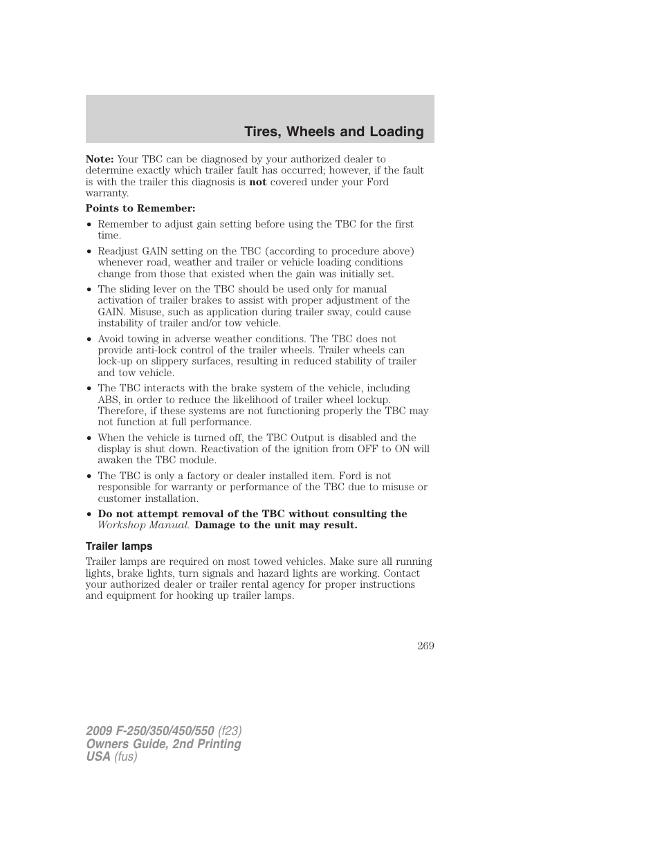 Trailer lamps, Tires, wheels and loading | FORD 2009 F-550 v.2 User Manual | Page 269 / 419
