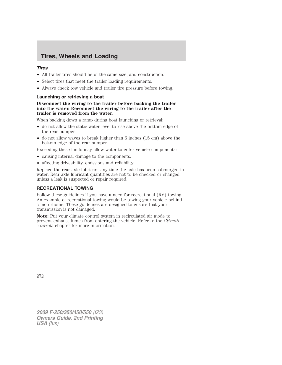 Tires, Launching or retrieving a boat, Recreational towing | Tires, wheels and loading | FORD 2009 F-550 v.2 User Manual | Page 272 / 419