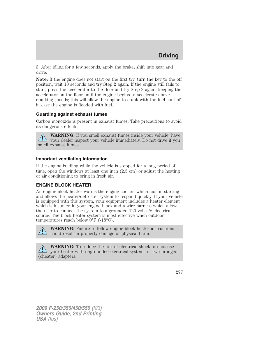 Guarding against exhaust fumes, Important ventilating information, Engine block heater | Driving | FORD 2009 F-550 v.2 User Manual | Page 277 / 419