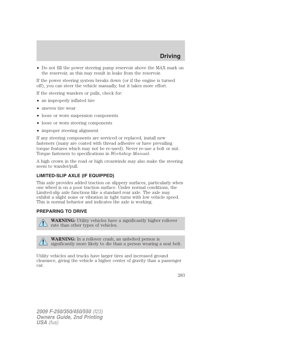 Limited-slip axle (if equipped), Preparing to drive, Driving | FORD 2009 F-550 v.2 User Manual | Page 283 / 419