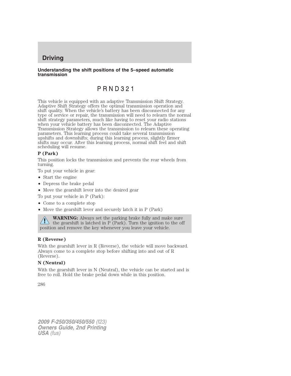Driving | FORD 2009 F-550 v.2 User Manual | Page 286 / 419