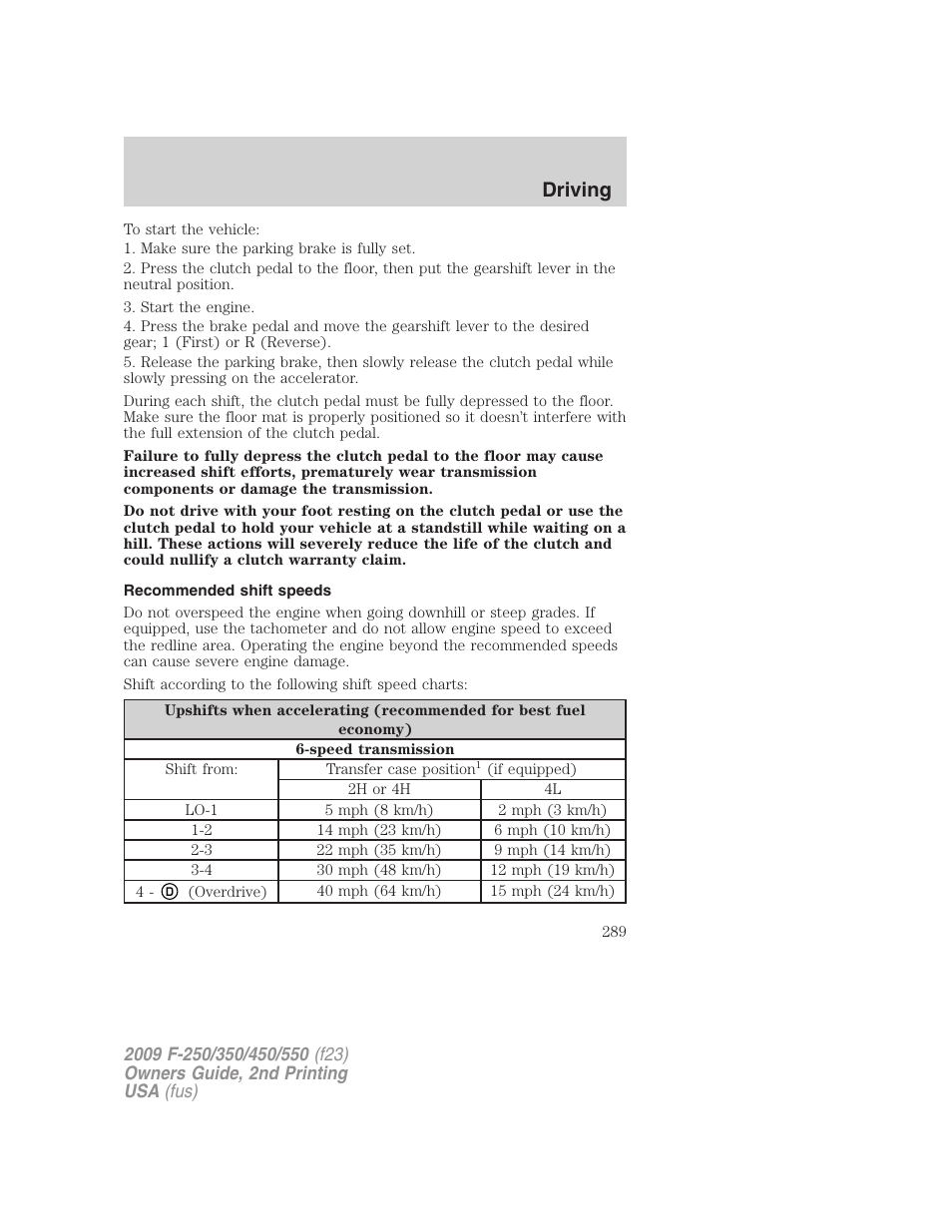 Recommended shift speeds, Driving | FORD 2009 F-550 v.2 User Manual | Page 289 / 419