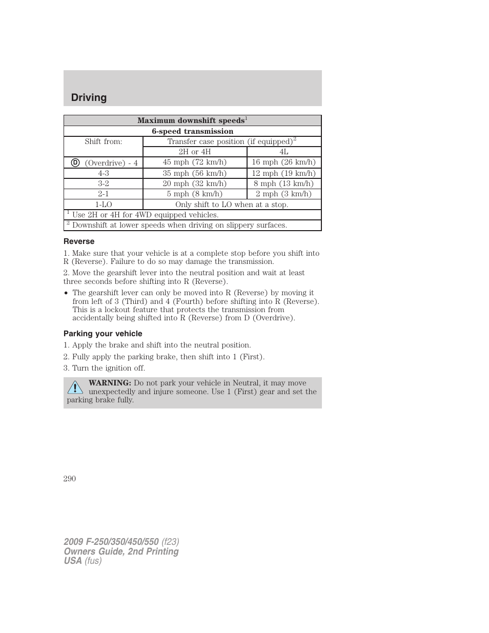 Reverse, Parking your vehicle, Driving | FORD 2009 F-550 v.2 User Manual | Page 290 / 419