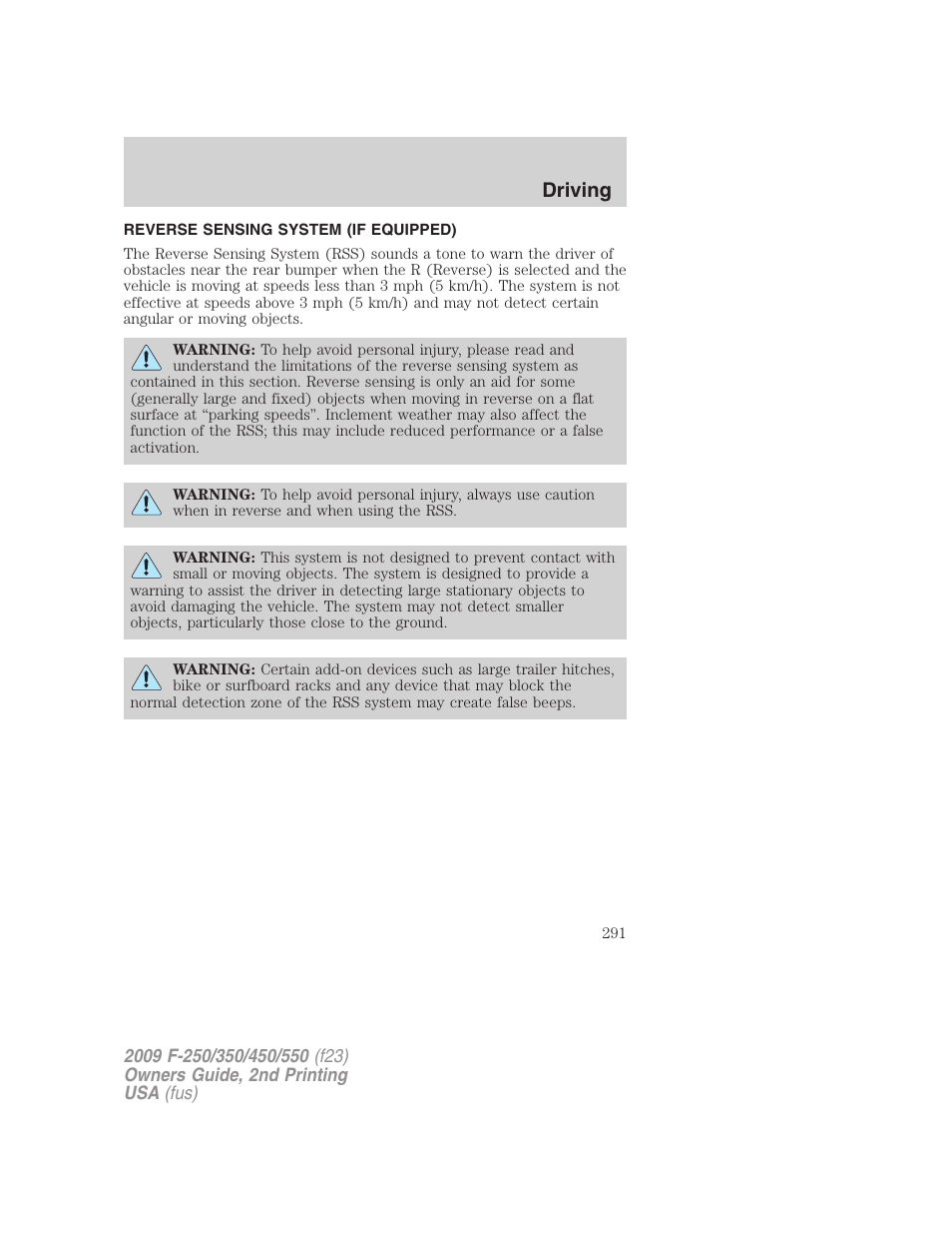 Reverse sensing system (if equipped), Reverse sensing system, Driving | FORD 2009 F-550 v.2 User Manual | Page 291 / 419