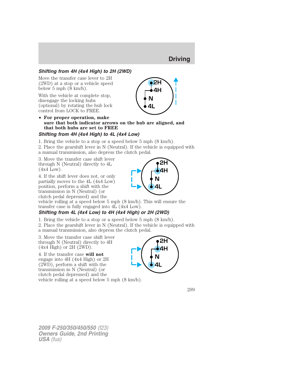 Shifting from 4h (4x4 high) to 2h (2wd), Shifting from 4h (4x4 high) to 4l (4x4 low), Driving | FORD 2009 F-550 v.2 User Manual | Page 299 / 419