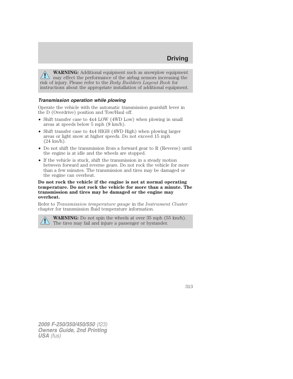 Transmission operation while plowing, Driving | FORD 2009 F-550 v.2 User Manual | Page 313 / 419