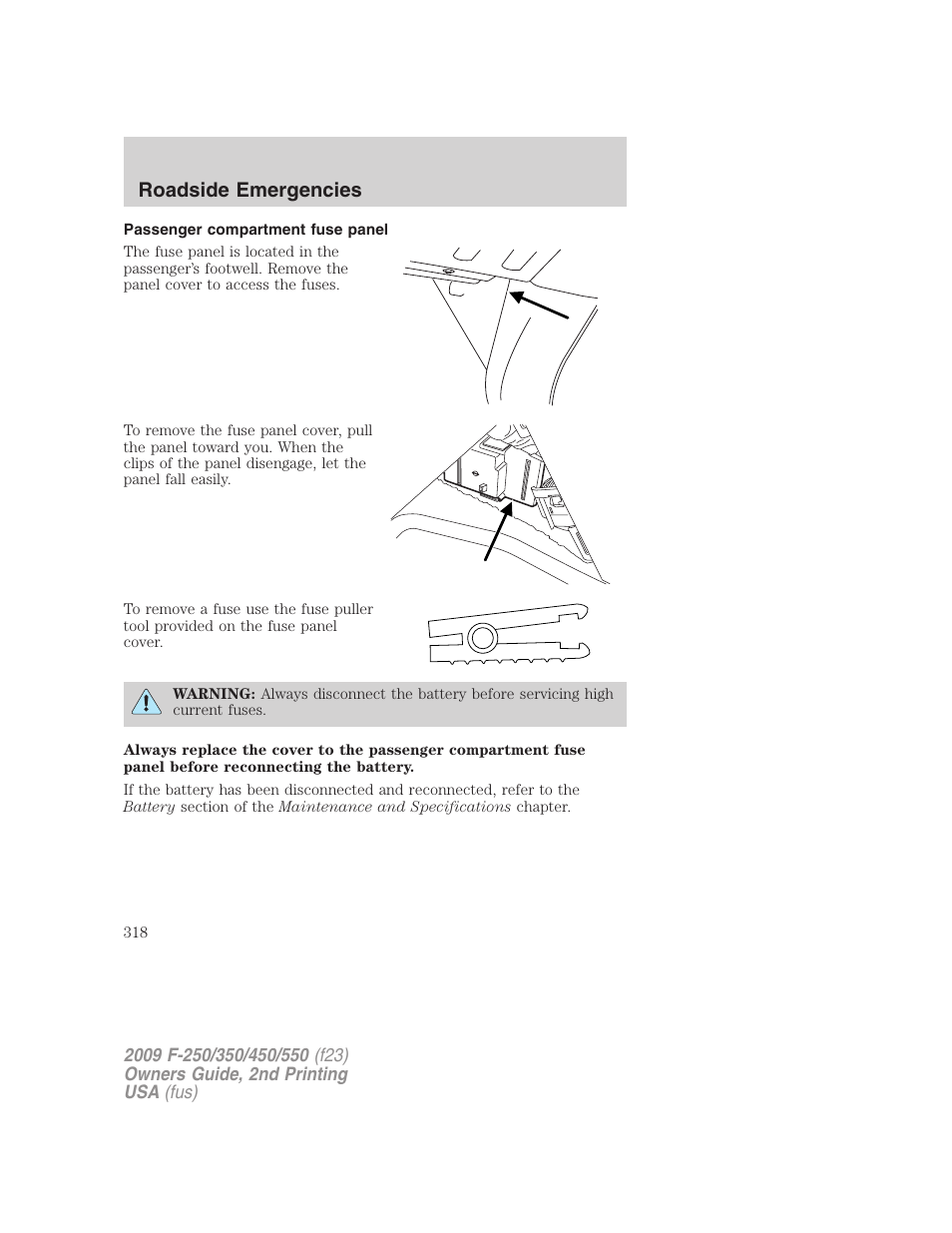 Passenger compartment fuse panel, Roadside emergencies | FORD 2009 F-550 v.2 User Manual | Page 318 / 419