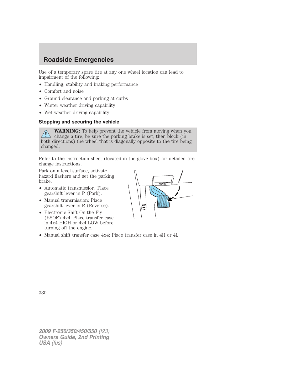 Stopping and securing the vehicle, Roadside emergencies | FORD 2009 F-550 v.2 User Manual | Page 330 / 419