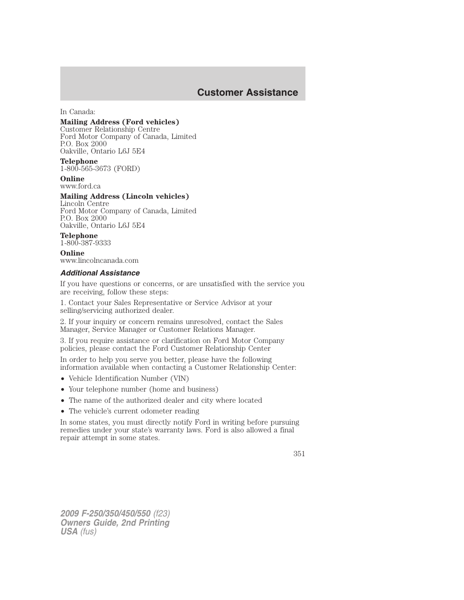 Additional assistance, Customer assistance | FORD 2009 F-550 v.2 User Manual | Page 351 / 419