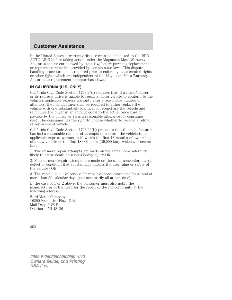 In california (u.s. only), Customer assistance | FORD 2009 F-550 v.2 User Manual | Page 352 / 419