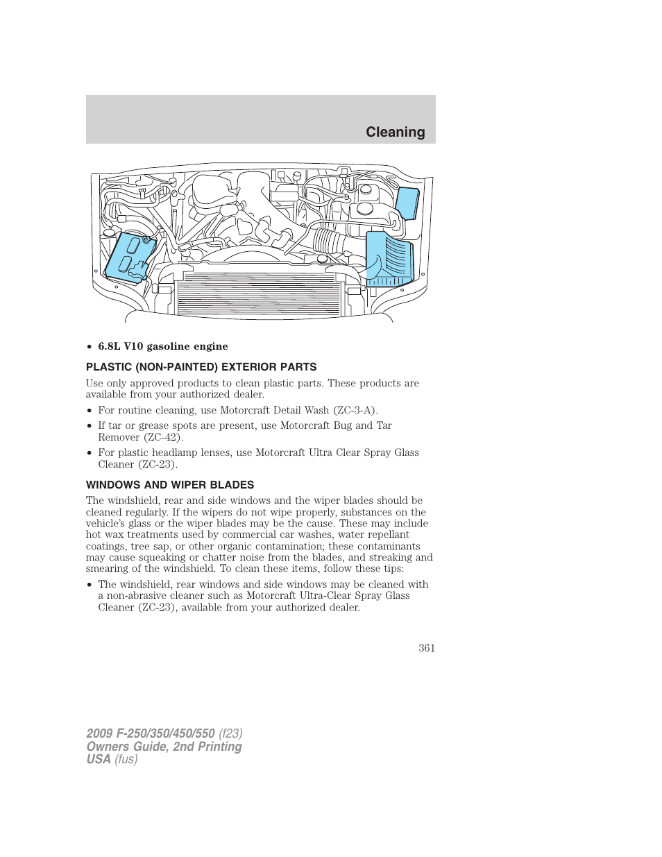 Plastic (non-painted) exterior parts, Windows and wiper blades, Cleaning | FORD 2009 F-550 v.2 User Manual | Page 361 / 419