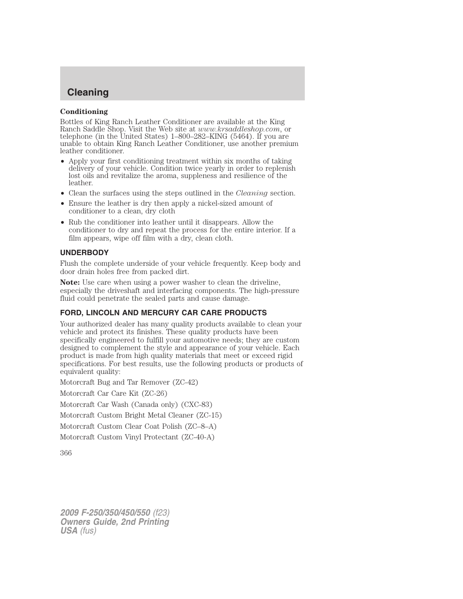 Underbody, Ford, lincoln and mercury car care products, Cleaning | FORD 2009 F-550 v.2 User Manual | Page 366 / 419