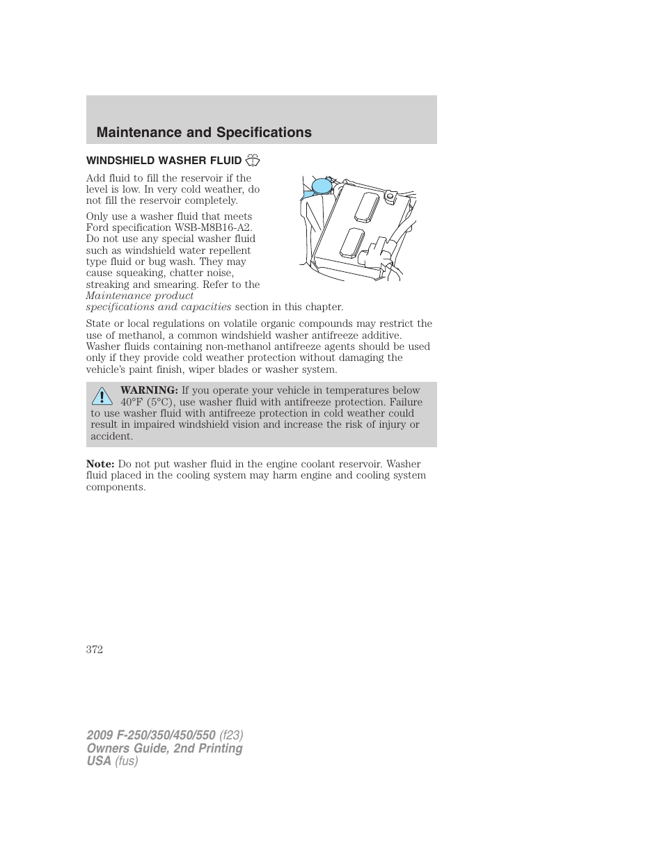 Windshield washer fluid, Maintenance and specifications | FORD 2009 F-550 v.2 User Manual | Page 372 / 419