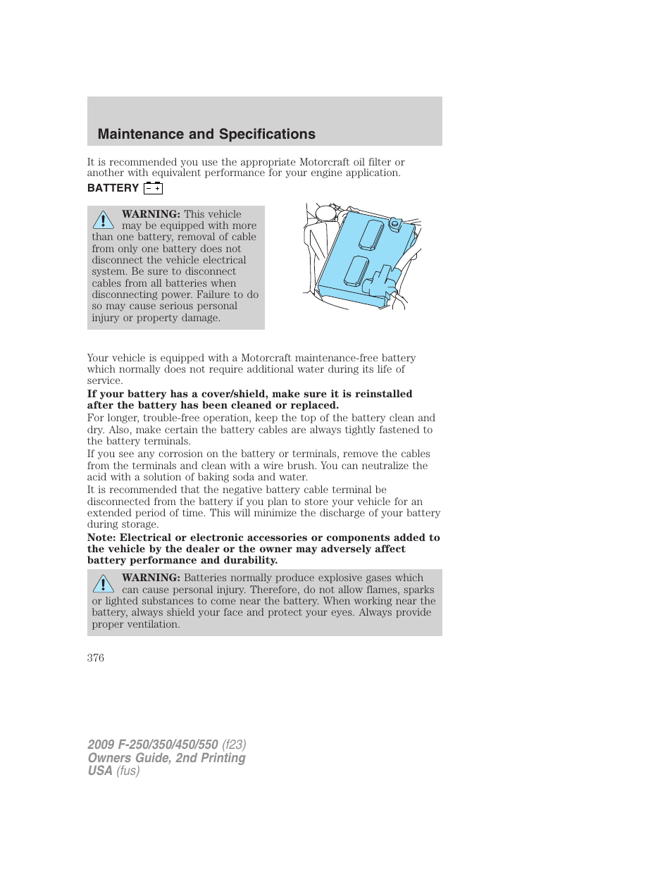 Battery, Maintenance and specifications | FORD 2009 F-550 v.2 User Manual | Page 376 / 419