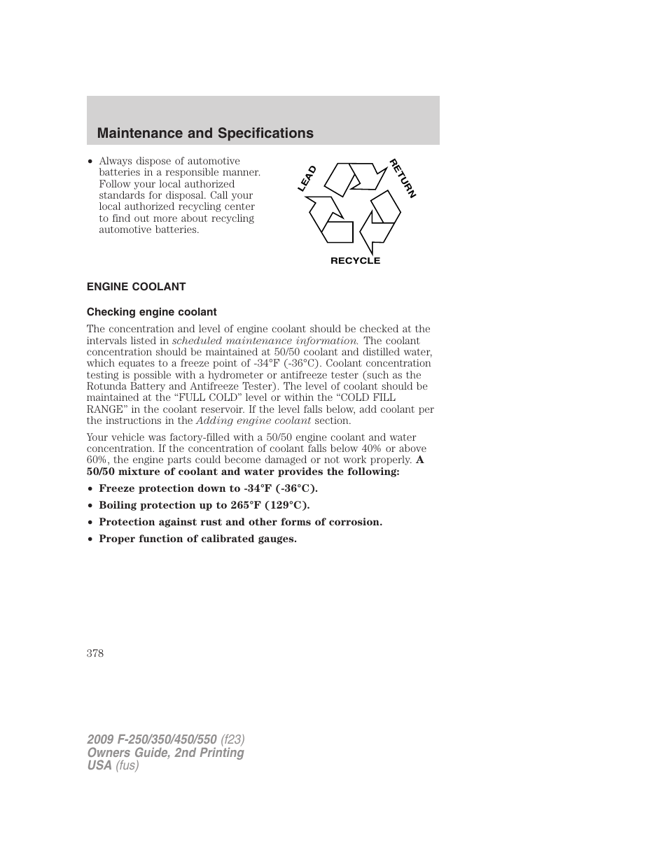 Engine coolant, Checking engine coolant, Maintenance and specifications | FORD 2009 F-550 v.2 User Manual | Page 378 / 419