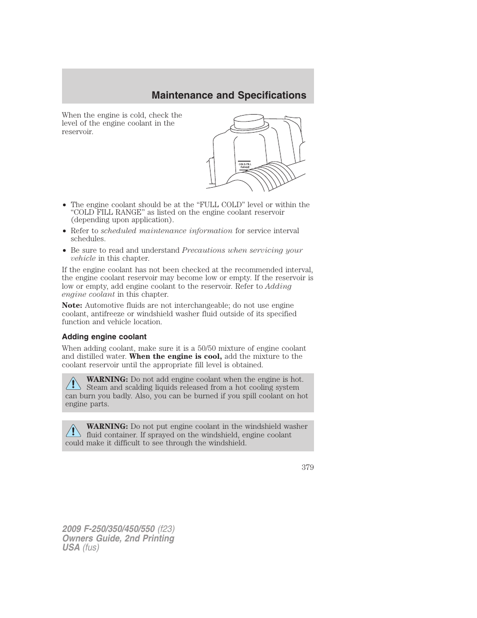 Adding engine coolant, Maintenance and specifications | FORD 2009 F-550 v.2 User Manual | Page 379 / 419