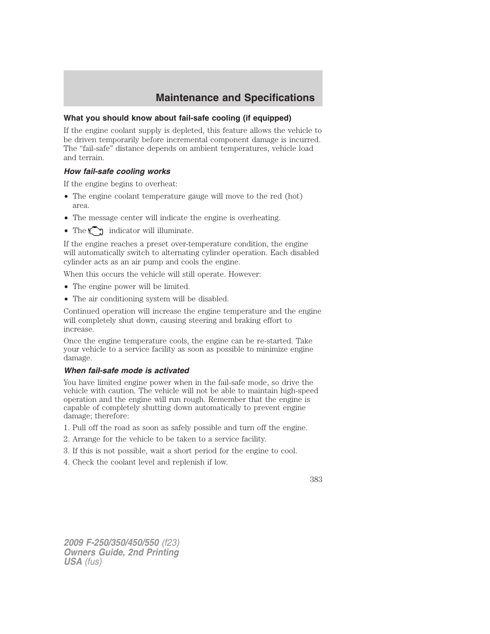 How fail-safe cooling works, When fail-safe mode is activated, Maintenance and specifications | FORD 2009 F-550 v.2 User Manual | Page 383 / 419