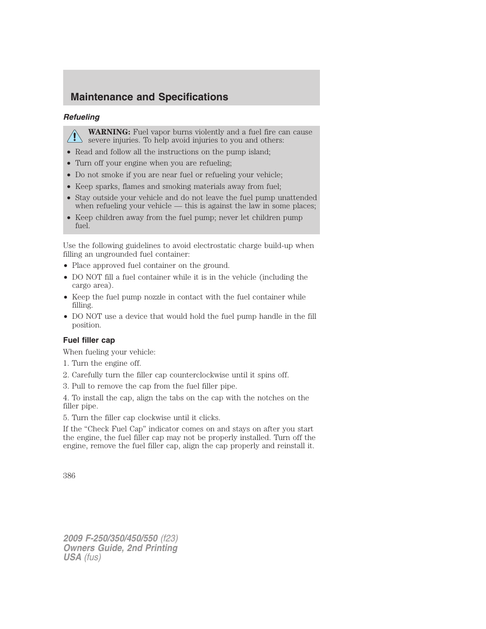 Refueling, Fuel filler cap, Maintenance and specifications | FORD 2009 F-550 v.2 User Manual | Page 386 / 419
