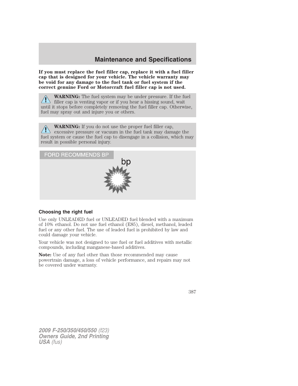 Choosing the right fuel, Maintenance and specifications | FORD 2009 F-550 v.2 User Manual | Page 387 / 419