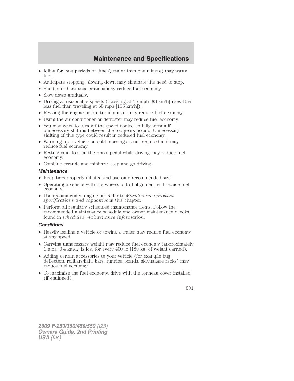 Maintenance, Conditions, Maintenance and specifications | FORD 2009 F-550 v.2 User Manual | Page 391 / 419