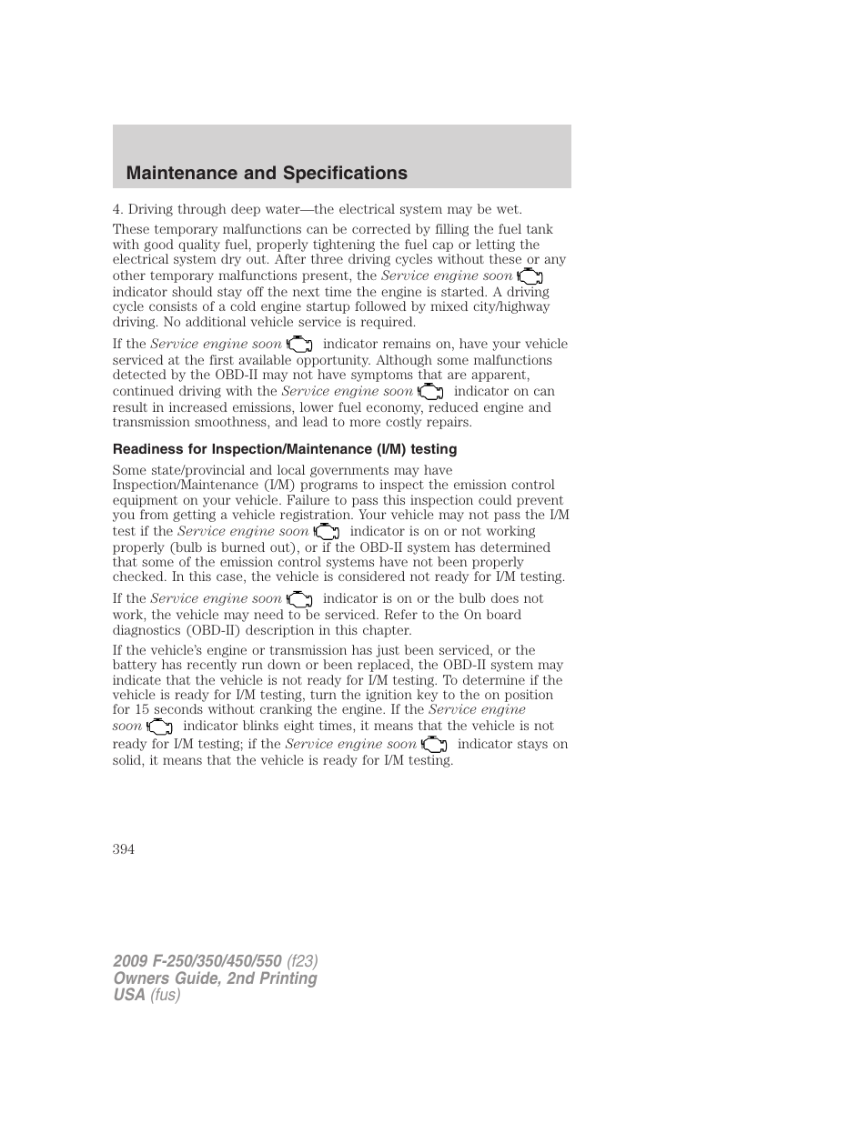Readiness for inspection/maintenance (i/m) testing, Maintenance and specifications | FORD 2009 F-550 v.2 User Manual | Page 394 / 419