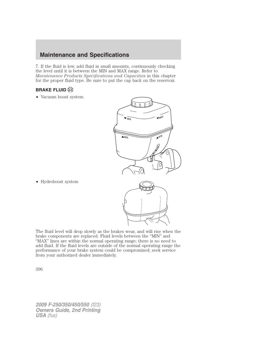 Brake fluid, Maintenance and specifications | FORD 2009 F-550 v.2 User Manual | Page 396 / 419