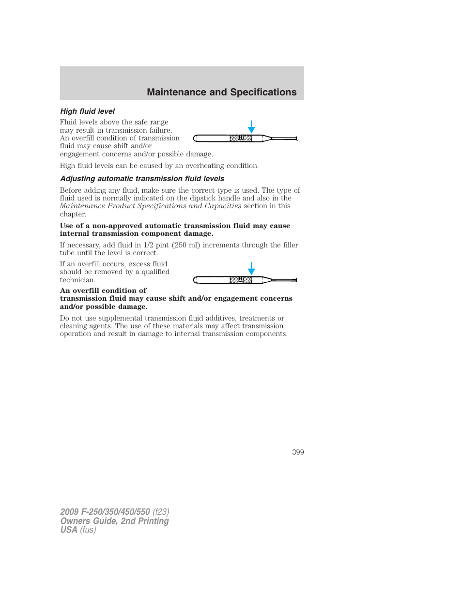 High fluid level, Adjusting automatic transmission fluid levels, Maintenance and specifications | FORD 2009 F-550 v.2 User Manual | Page 399 / 419