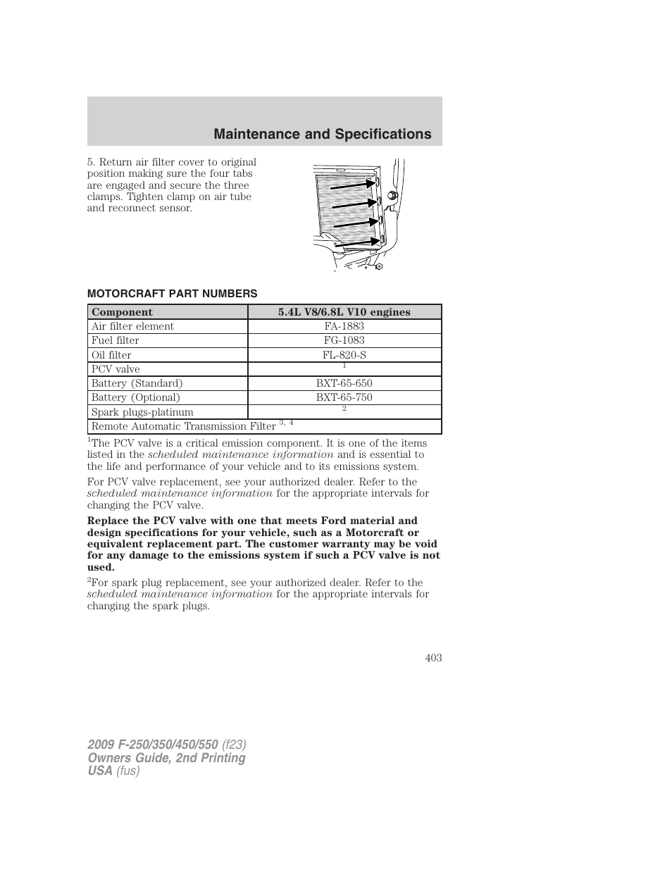 Motorcraft part numbers, Part numbers, Maintenance and specifications | FORD 2009 F-550 v.2 User Manual | Page 403 / 419