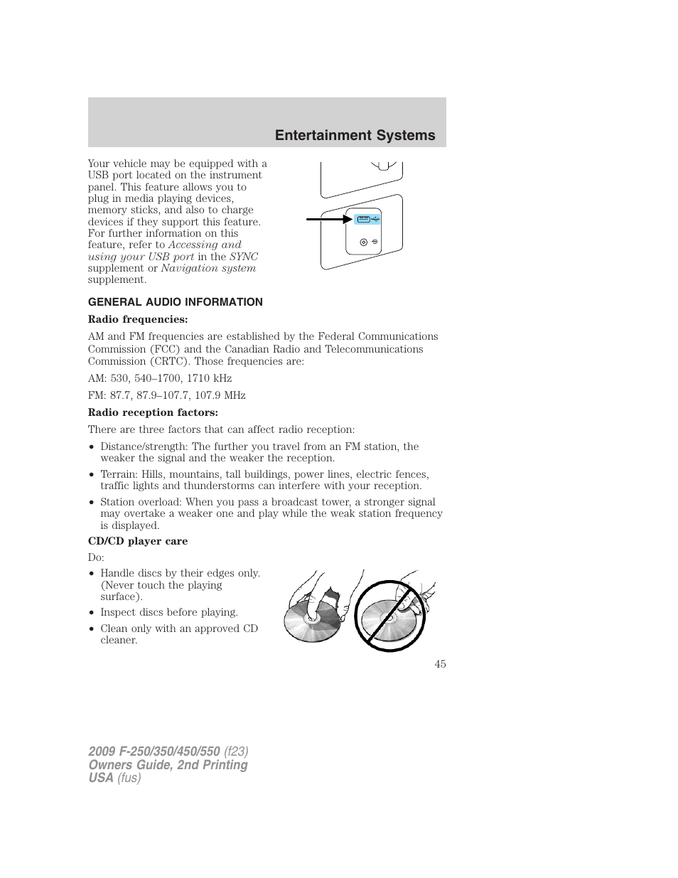 General audio information, Entertainment systems | FORD 2009 F-550 v.2 User Manual | Page 45 / 419