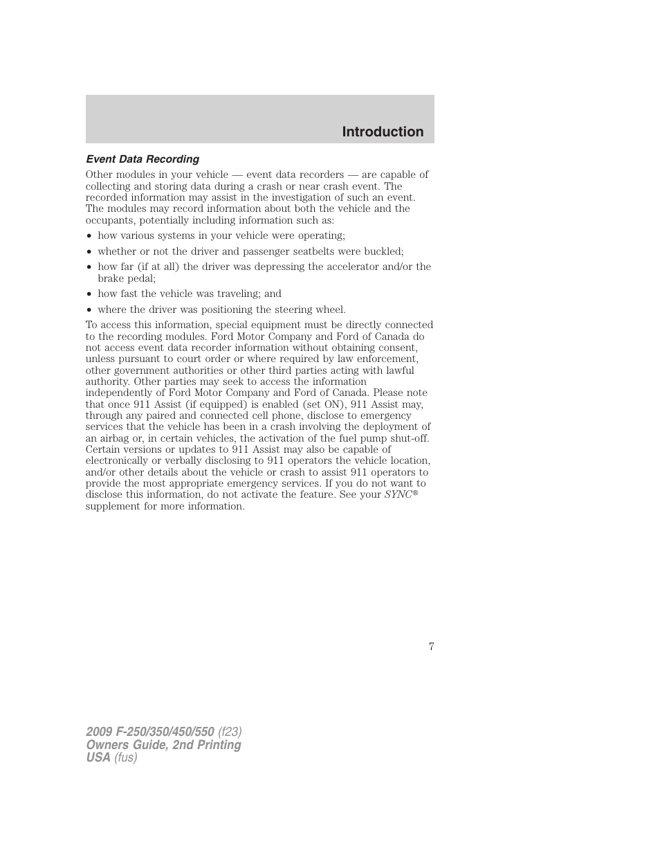 Event data recording, Introduction | FORD 2009 F-550 v.2 User Manual | Page 7 / 419