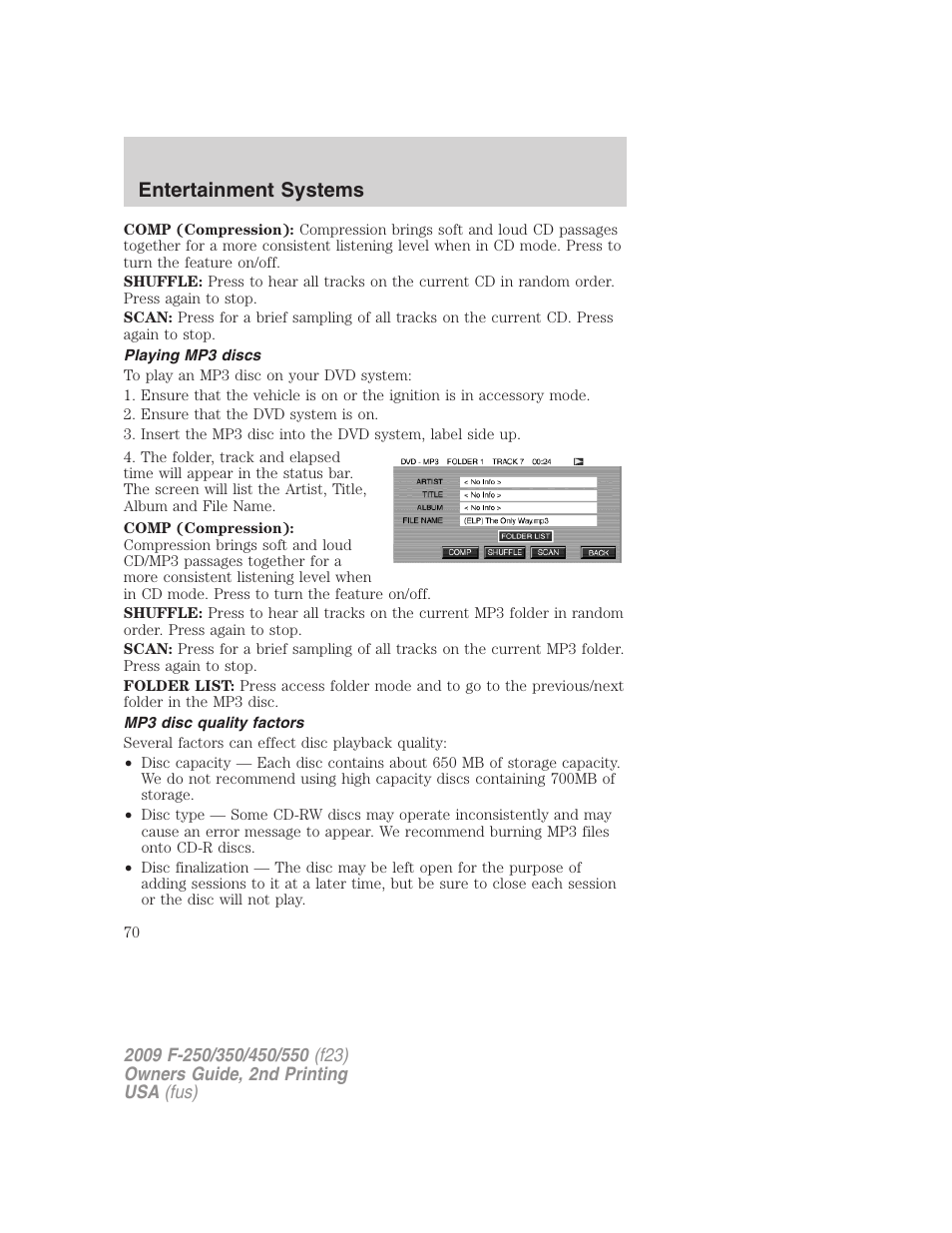 Playing mp3 discs, Mp3 disc quality factors, Entertainment systems | FORD 2009 F-550 v.2 User Manual | Page 70 / 419